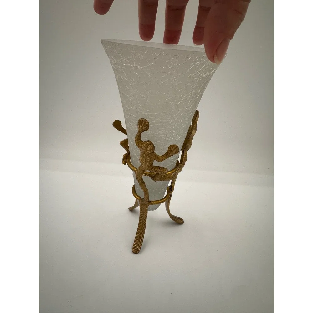 Vintage Crackle Glass Trumpet Vase Brass Frog Tripod Stand Made in India 8